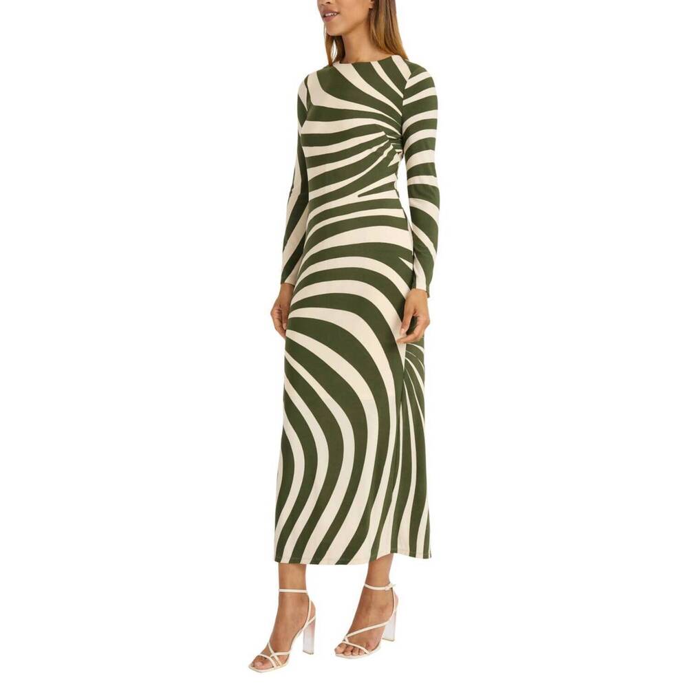 NEW DONNA MORGAN abstract stripe long sleeve dress in ivory cedar green - Picture 3 of 3